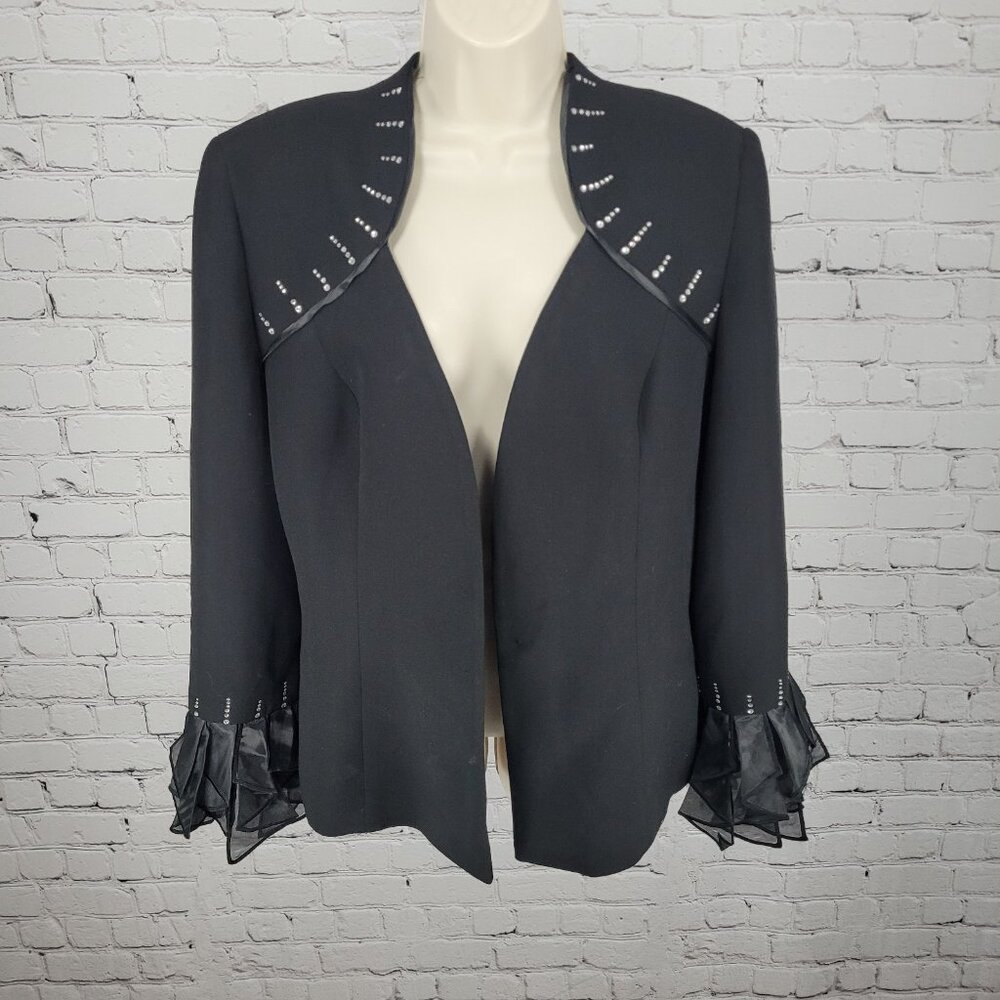 Serafina Black Open Rhinestone Ruffle Cuff Shoulder Pads Lined Jacket Size 14